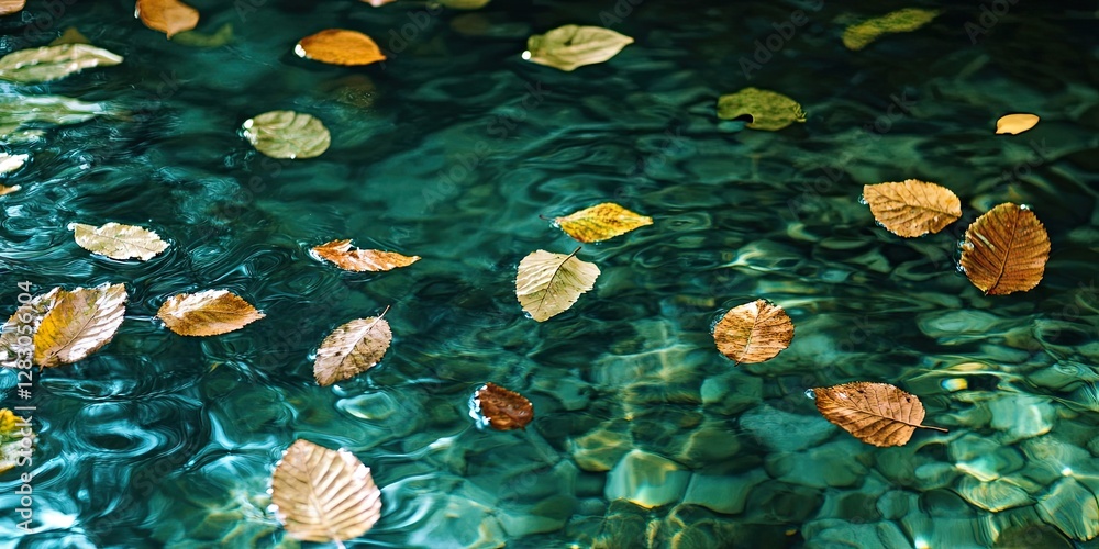 Poster floating autumn leaves in a tranquil turquoise water surface with ripples and golden reflections cre