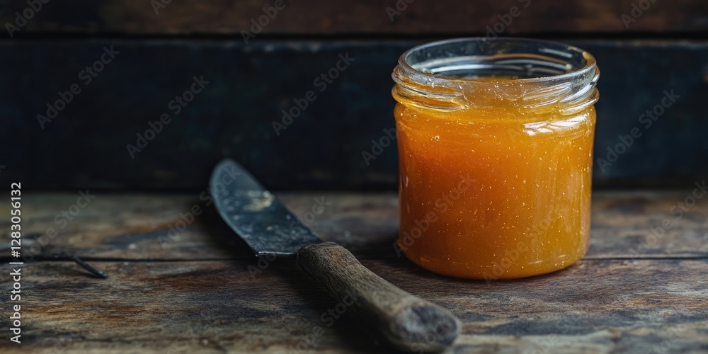 Poster peach marmalade jar with a wooden-handled spreading knife on a rustic wooden surface against a dark 