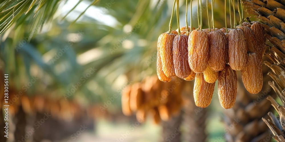 Poster Ripe dates hanging in clusters from palm trees in soft sunlight with lush green foliage in the background showcasing a tropical setting.