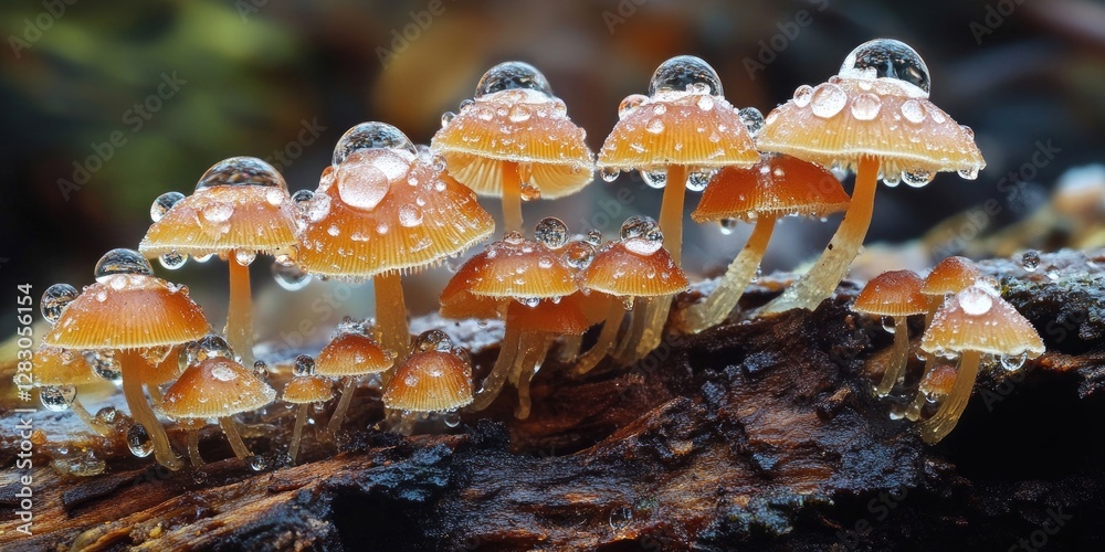 Poster vibrant clusters of orange mushrooms with water droplets on a textured dark log, positioned prominen