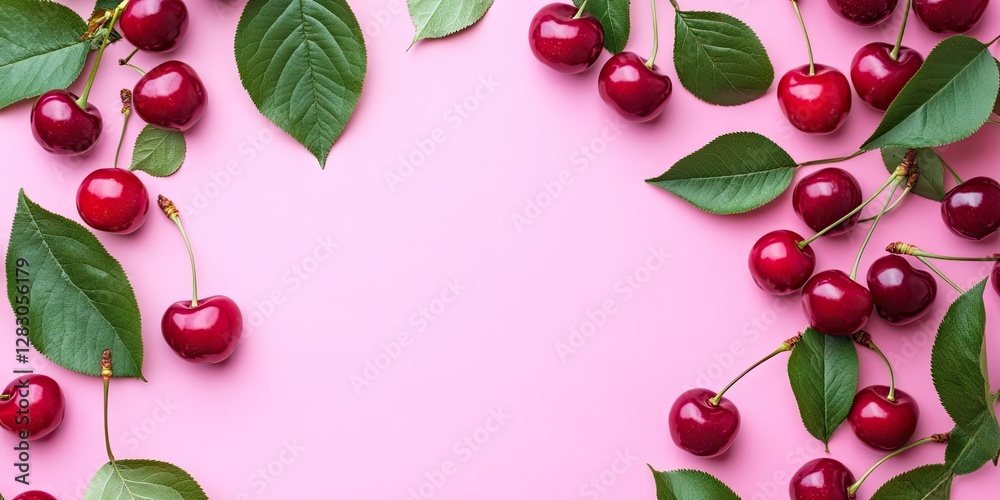 Aufkleber vibrant red cherries and lush green leaves arranged on a soft pink background creating ample copy sp