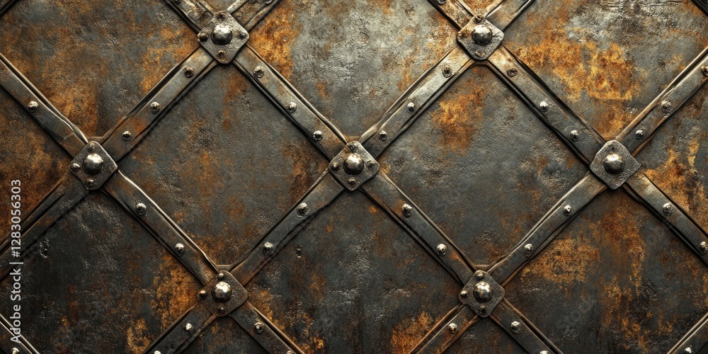 Aufkleber vintage metal armor texture featuring a diamond pattern with rust and weathered steel, highlighted b