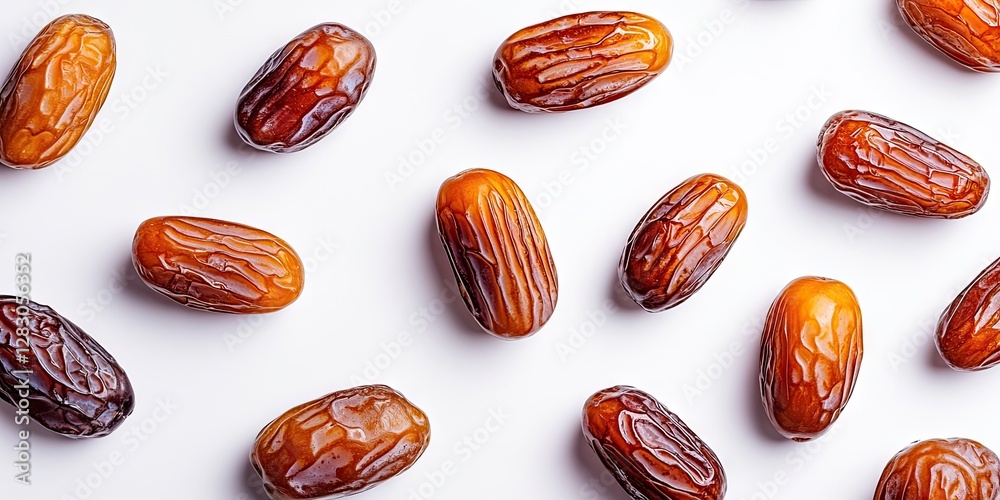 Fototapete Flat lay of assorted dates on a clean white background with ample negative space for text. Rich browns and warm amber tones create visual interest.