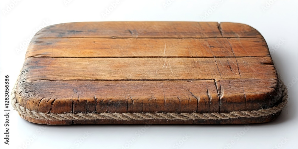 Poster rustic wooden cutting board with visible grain texture and worn edges, featuring a natural rope bord