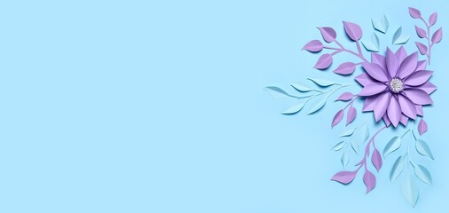 Beautiful composition with paper flower and leaves on light blue background with space for text