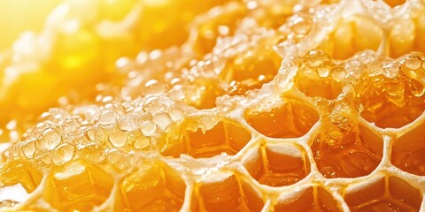 Golden honeycomb close-up showcasing glistening honey droplets against a soft white background emphasizing natural textures and vibrant yellow hues