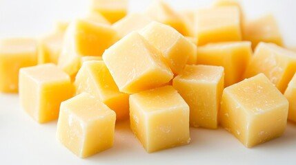 A pile of yellow cheese cubes on a white background