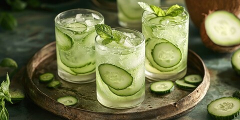 Refreshing cucumber and coconut drinks in clear glasses adorned with mint on a wooden tray surrounded by sliced cucumber and coconut halves.