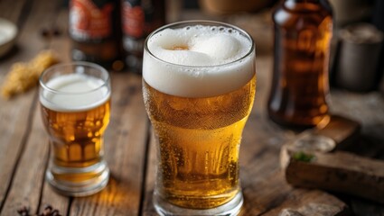 Top view of refreshing beers with foam on rustic wooden table showcasing golden color and inviting atmosphere for social gatherings