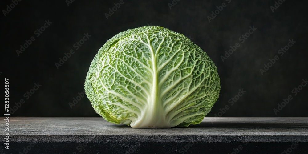 Poster fresh young cabbage displayed prominently on a rustic wooden board against a dark background, showca