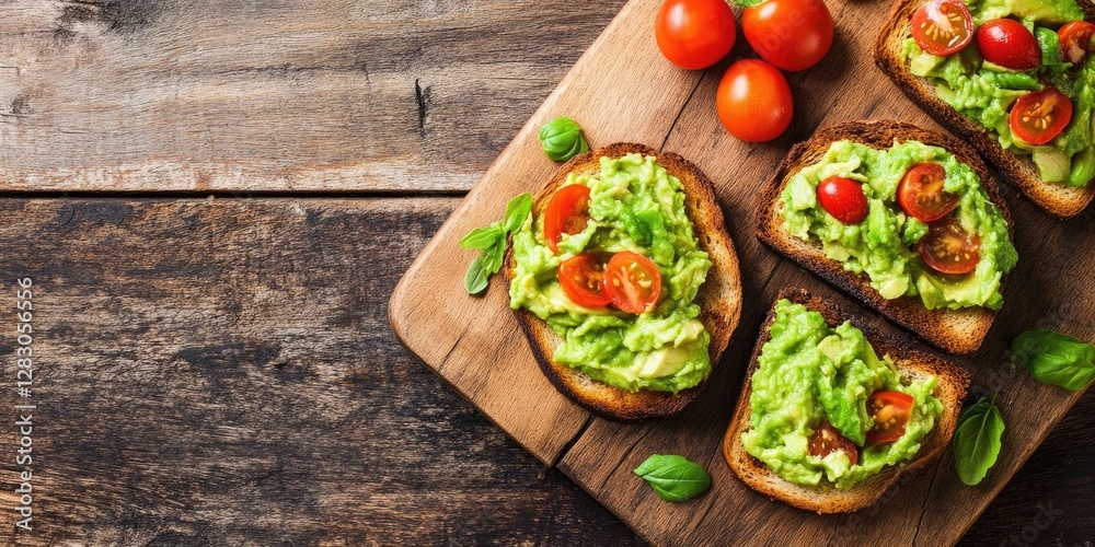 Poster avocado toast topped with cherry tomatoes and fresh basil on a rustic wooden board with ripe tomatoe