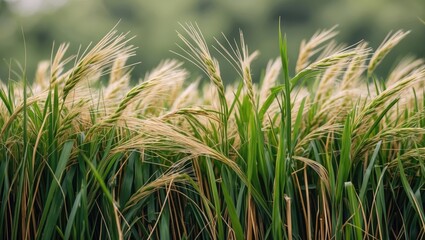 Fototapeta premium Lush green grass with golden straw highlights creating a serene natural backdrop for agriculture or summer themes.