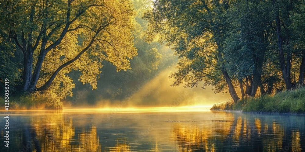 Poster tranquil river bank scene with golden light filtering through lush green trees reflecting on serene 