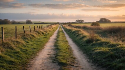 Rural dirt road through green fields with fences under a dramatic sky during sunrise or sunset evoking tranquility and nature's beauty