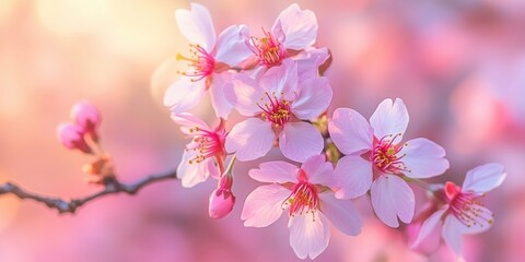 Obraz premium Pink Sakura blossoms in soft focus with delicate petals and green stems, filling the image with shades of pink and beige, symbolizing spring's renewal.