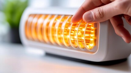 Person Adjusting a Modern Space Heater with Warm Orange Lights on Isolated White Background. Generative AI