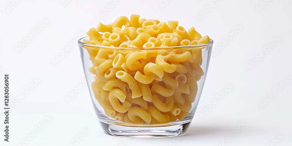 Poster raw macaroni pasta displayed in a clear glass bowl against a plain white background with a pile of v