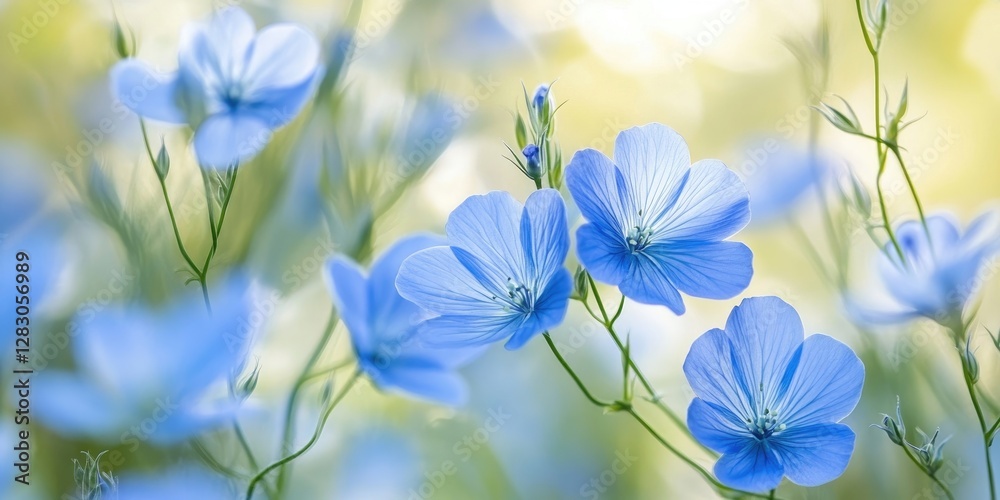 Poster Delicate blue flax flowers gently sway in a sunlit meadow with a soft green background, creating a serene and tranquil atmosphere.