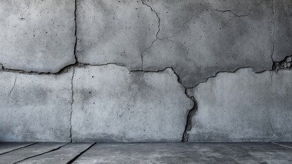 Cracked gray cement wall texture as a versatile backdrop for industrial or minimalist designs in photography and graphic art.