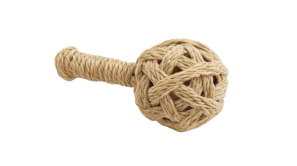 A handcrafted rope toy for playful pets. Close-up of a monkey fist knot rope toy, made of natural fiber, isolated on a black background. Used in nautical and pet applications.