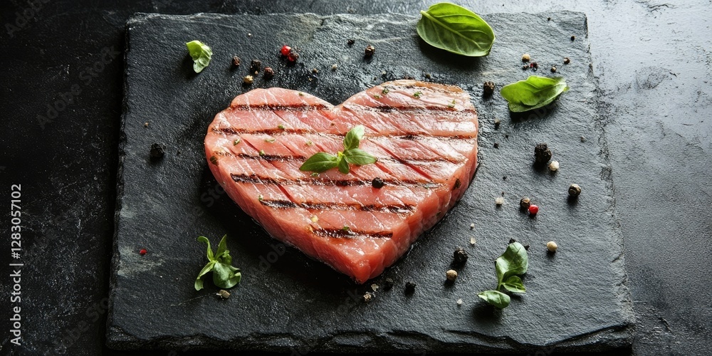 Poster grilled heart-shaped tuna steak on a black slate plate surrounded by fresh basil and assorted pepper