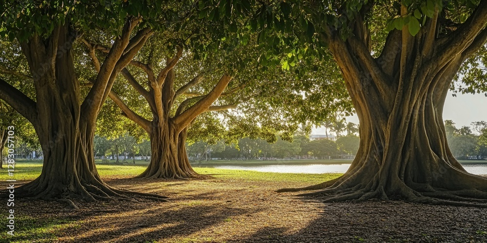 Aufkleber majestic trees with wide trunks basking in golden sunlight by a serene lake with lush green grass an