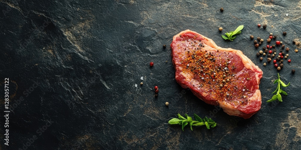 Poster raw ribeye steak seasoned with colorful spices placed on a dark textured stone background with fresh