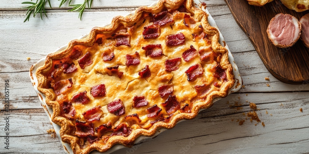Poster Ruddy rectangular pie with bacon on a rustic white wooden background surrounded by herbs with a selective focus on the crispy top and edges