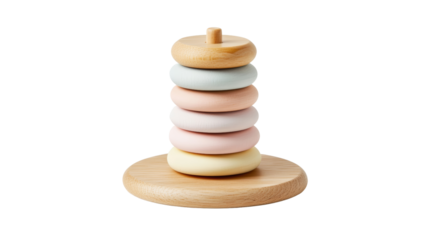 Colorful stacking toy for children's playtime. A natural wooden stacking ring toy with pastel-colored rings, isolated on a white background. Ideal for baby development and Montessori learning.