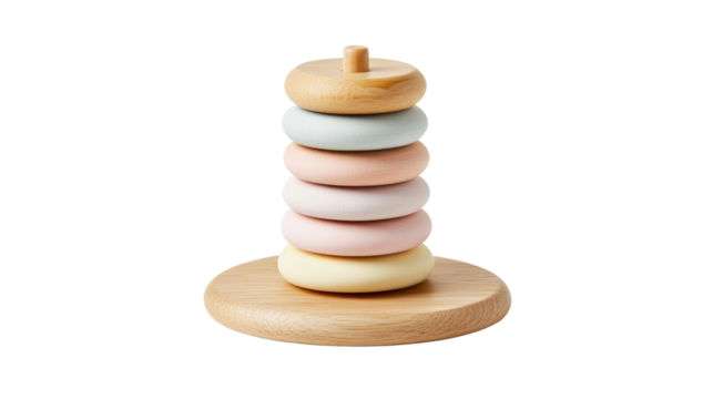 Colorful stacking toy for children's playtime. A natural wooden stacking ring toy with pastel-colored rings, isolated on a white background. Ideal for baby development and Montessori learning.