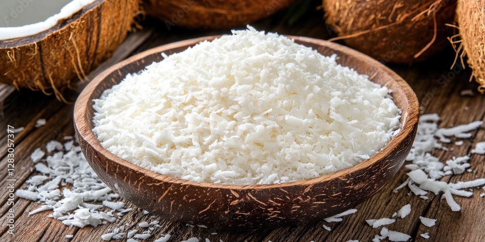 Poster freshly grated coconut displayed in a rustic wooden bowl on a textured wooden surface with coconut h