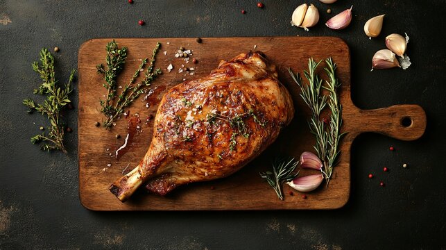 Whole roasted lamb leg with crispy skin, carved on a wooden cutting board, surrounded by fresh rosemary and garlic cloves