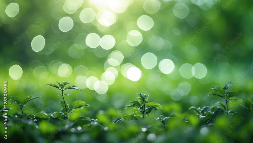 Poster lush green bokeh background with soft focus on plants creating a serene and calming nature abstract 