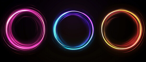 Set of three colorful vector line art circular shapes with a glow effect on a black background, in the shape of an oval or ring
