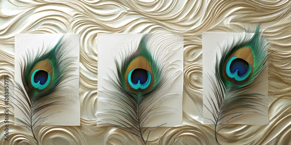 Aufkleber Peacock feathers arranged on three white panels positioned upright against a textured metallic gold backdrop creating an elegant visual composition