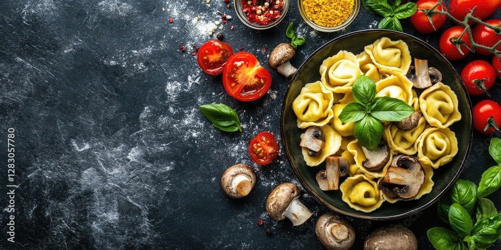 Poster homemade italian tortellini filled with mushrooms and basil arranged in a black bowl surrounded by f