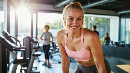 Fototapeta premium Confident and Fit Young Woman Working Out in a Gym Surrounded by Motivated Athletes