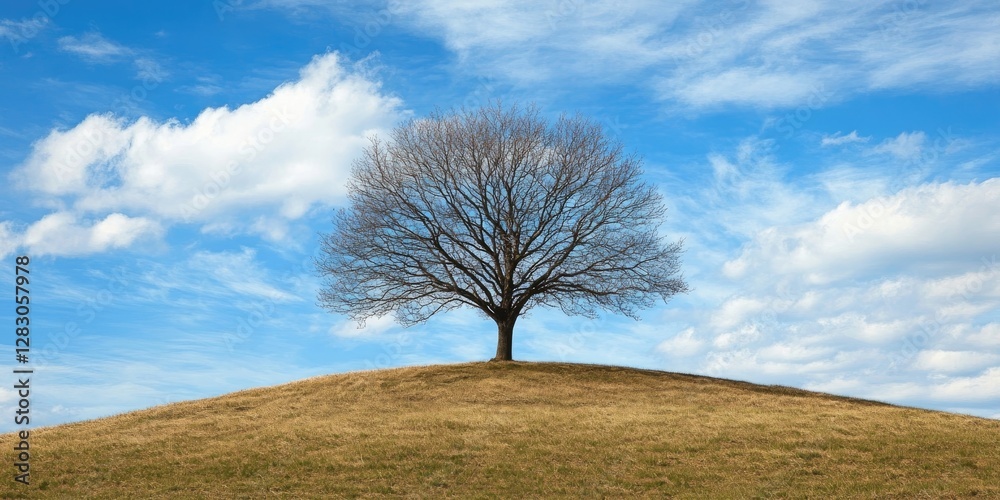 Poster lonely bare tree on a gentle grassy hill under a bright blue sky with fluffy white clouds creating a