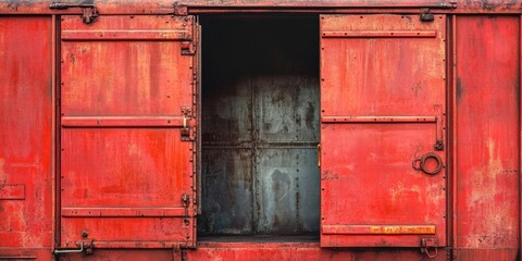 Rustic red boxcar with a partially open door, showcasing textured metal surfaces and industrial design, set against a neutral background.