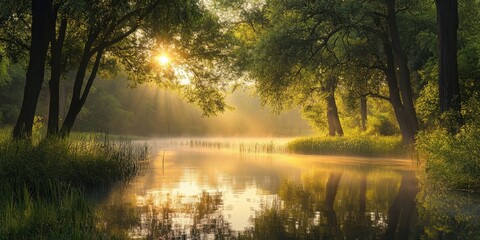 Obraz premium Tranquil sunrise by serene pond with soft golden light illuminating still water reflecting lush green trees in a peaceful natural setting