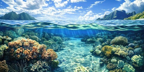 Fototapeta premium Vibrant underwater coral reef scene with clear turquoise water, colorful corals, sunlight filtering through, and distant mountains under a blue sky.