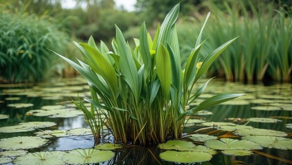 Lush green aquatic plants emerging from serene water surface surrounded by lily pads in tranquil natural setting