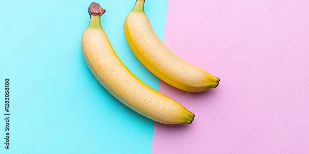 Aufkleber minimalist flat lay of two ripe yellow bananas on a split pastel blue and pink background with ample