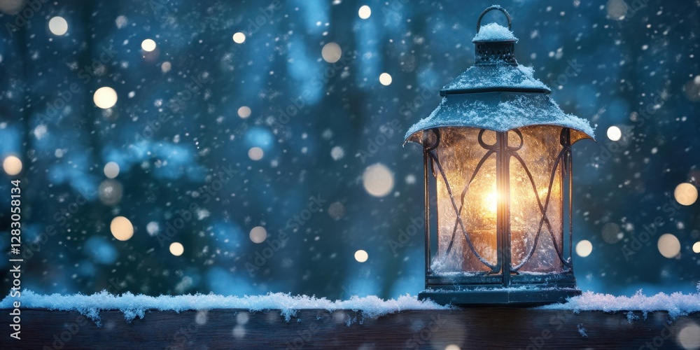 Aufkleber serene winter lantern glowing softly in a snowy park at twilight surrounded by blurred golden bokeh 