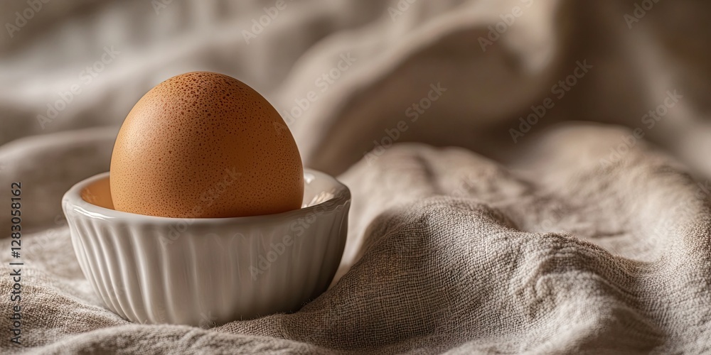 Aufkleber elegant hard boiled egg in white ceramic bowl centered on textured linen cloth with soft earthy tone