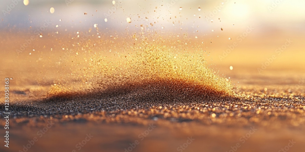 Aufkleber golden grains of sand swirling in the sunlight with a blurred beach background creating a warm and t