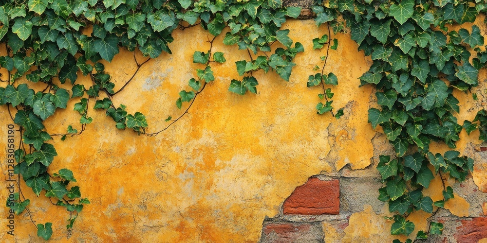 Poster vibrant yellow wall with patches revealing brick underneath adorned with lush green ivy climbing acr