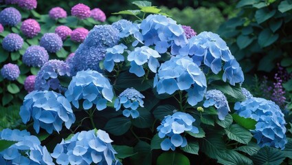 Blue hydrangea flowers in full bloom surrounded by purple hydrangeas and lush green leaves in a garden setting.