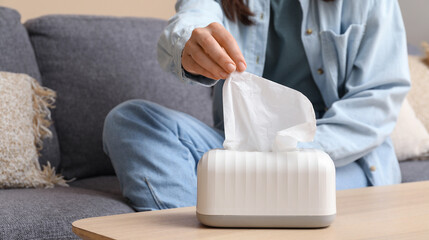 Woman taking tissue from ceramic holder on coffee table in living room