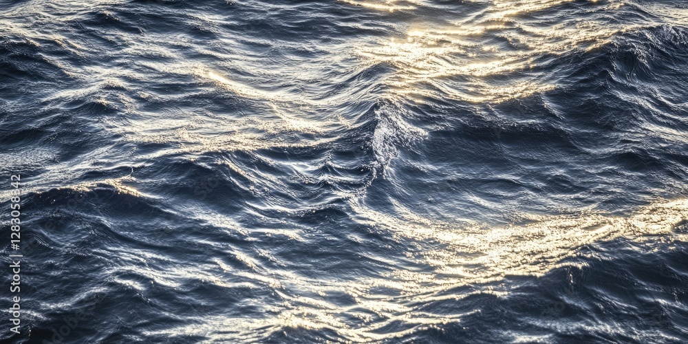 Fototapete serene ocean waves with shimmering sunlight reflections in shades of blue and silver, creating a tra